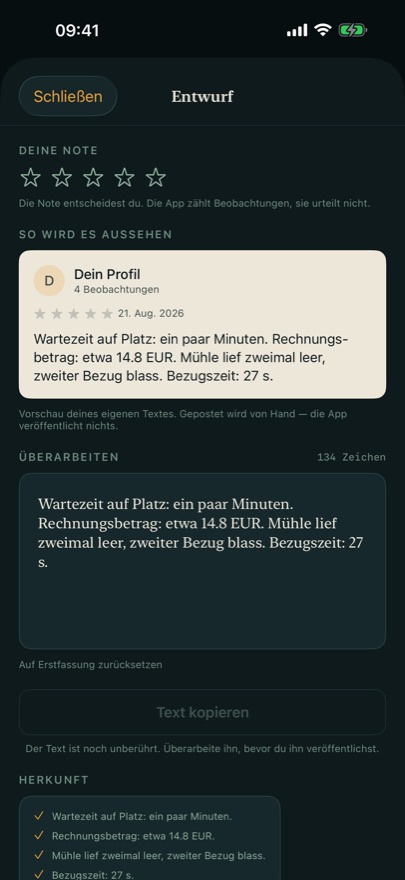 Der Entwurfsbildschirm von Critique Incognito: ein Satz mit den Beobachtungen, auf denen er beruht.